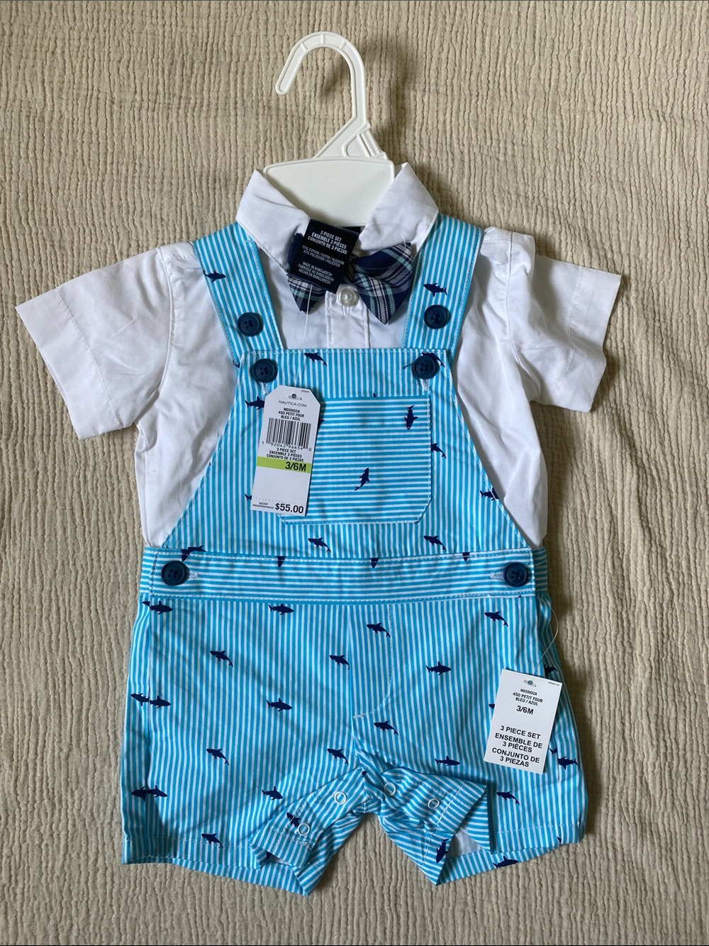Nautica Blue & White Striped Shark Suspenders Set with Plaid Bow Tie